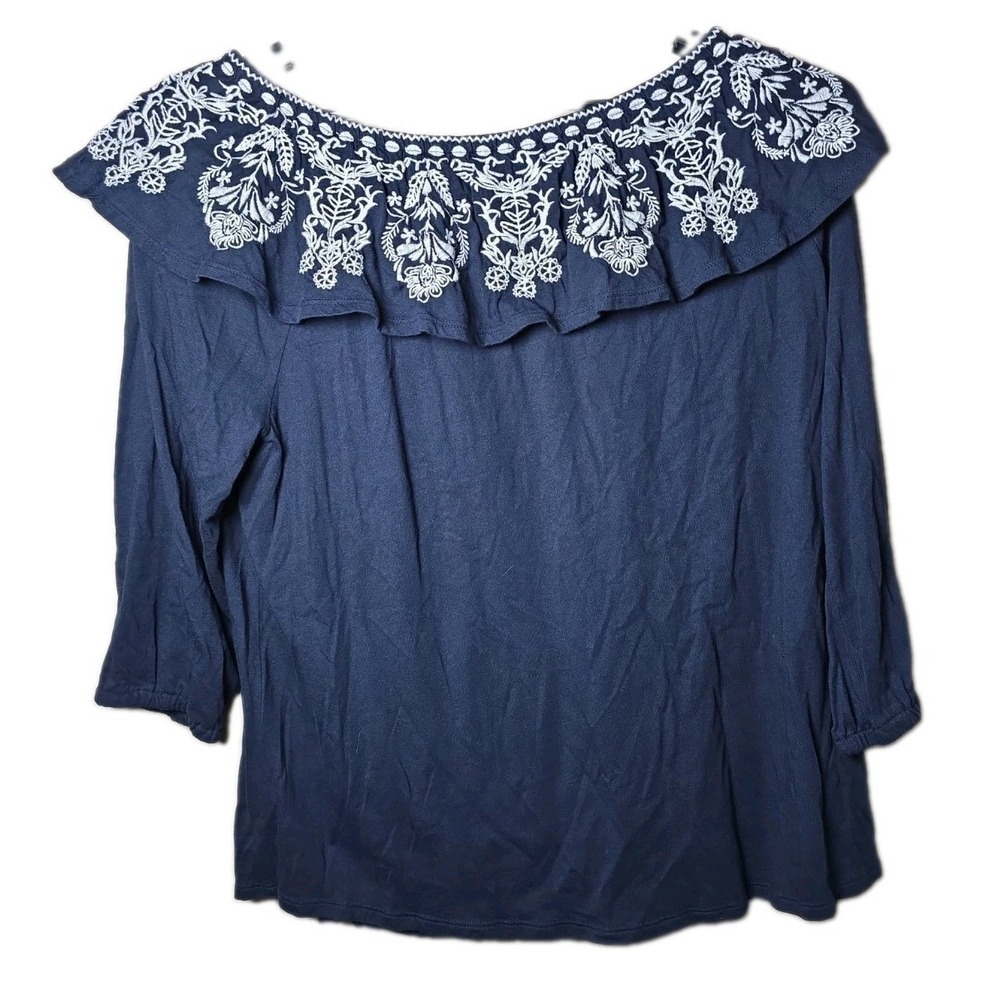 J. Jill Women's Navy Blue Embroidered Flounce Ruffle Top Off Shoulder Size XL t8